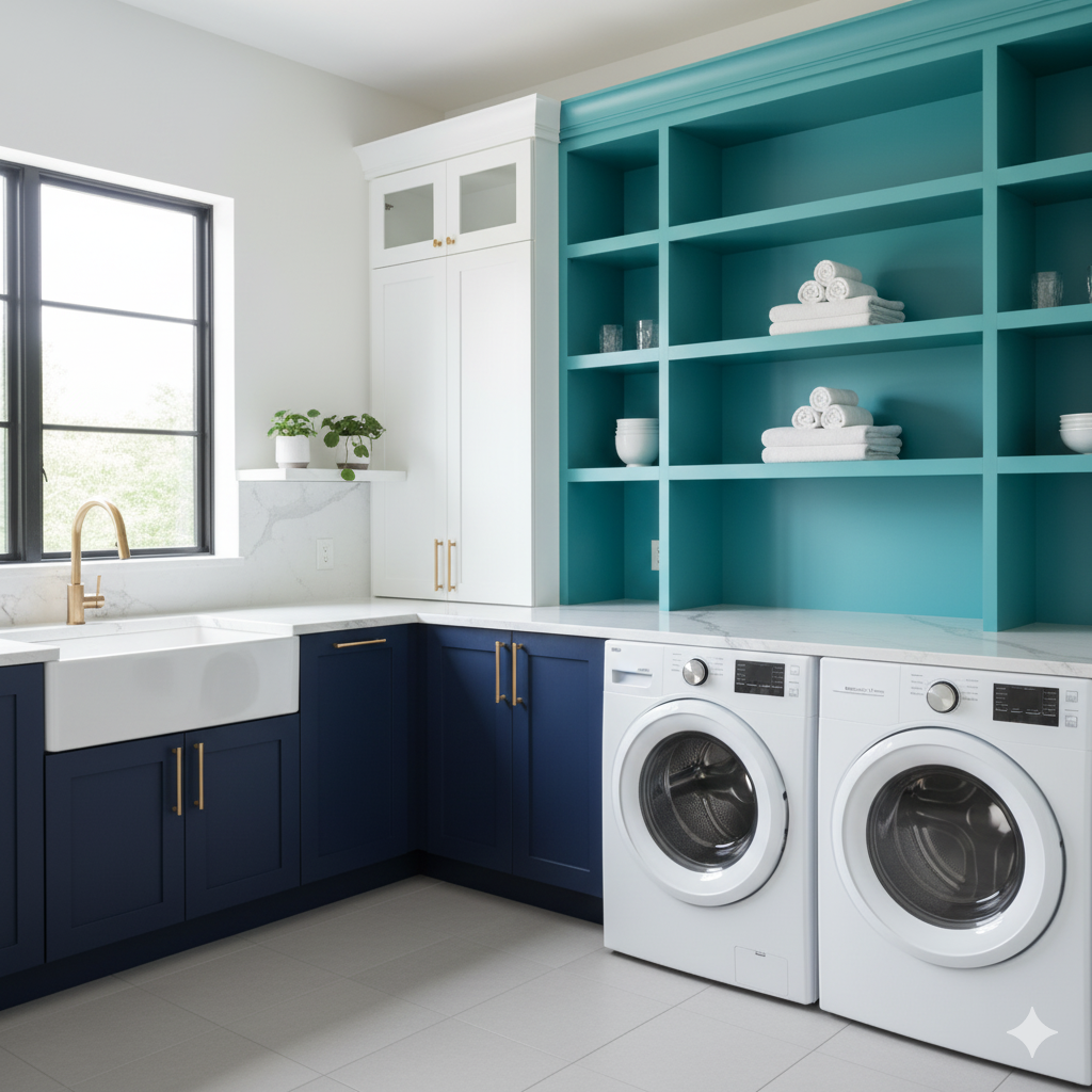 Bright laundry room with custom built-in cabinets and organized storage